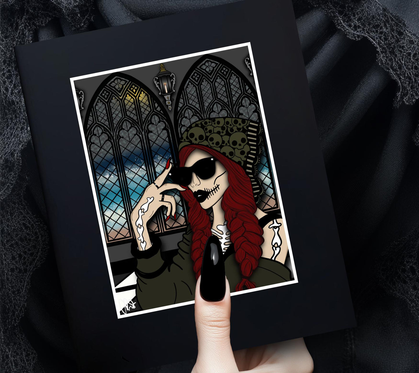 Gothic Church Skeleton Woman Matted Art Print – Hauntingly Beautiful & Mysterious – 11x14 Goth and Dark Macabre Wall Decor