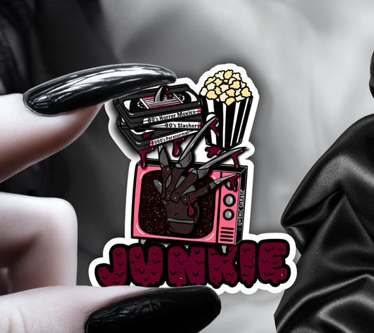 Retro Vintage Horror Junkie, Waterproof Die Cut Sticker, Choose Between Glossy or Holographic, Perfect to Add Fun to any Surface