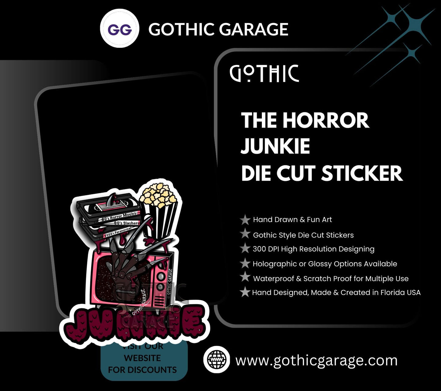 Retro Vintage Horror Junkie, Waterproof Die Cut Sticker, Choose Between Glossy or Holographic, Perfect to Add Fun to any Surface