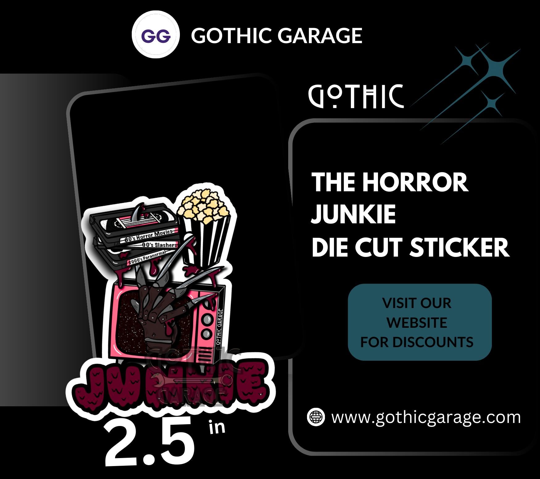 Retro Vintage Horror Junkie, Waterproof Die Cut Sticker, Choose Between Glossy or Holographic, Perfect to Add Fun to any Surface