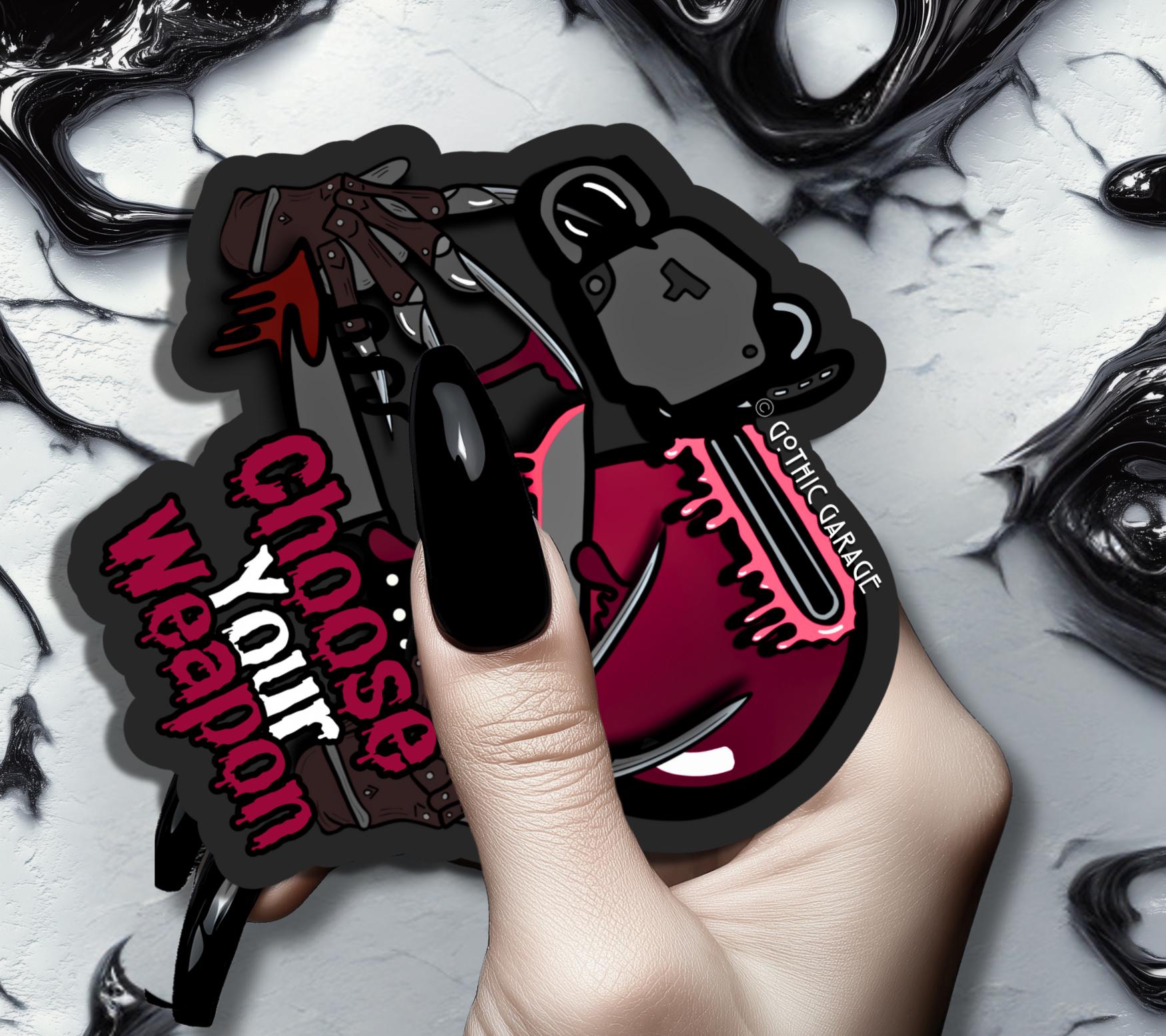 Horror Junkie Weapons, Waterproof Die Cut Sticker, Choose Between Glossy or Holographic, Perfect to Add Retro & Vintage Fun to any Surface