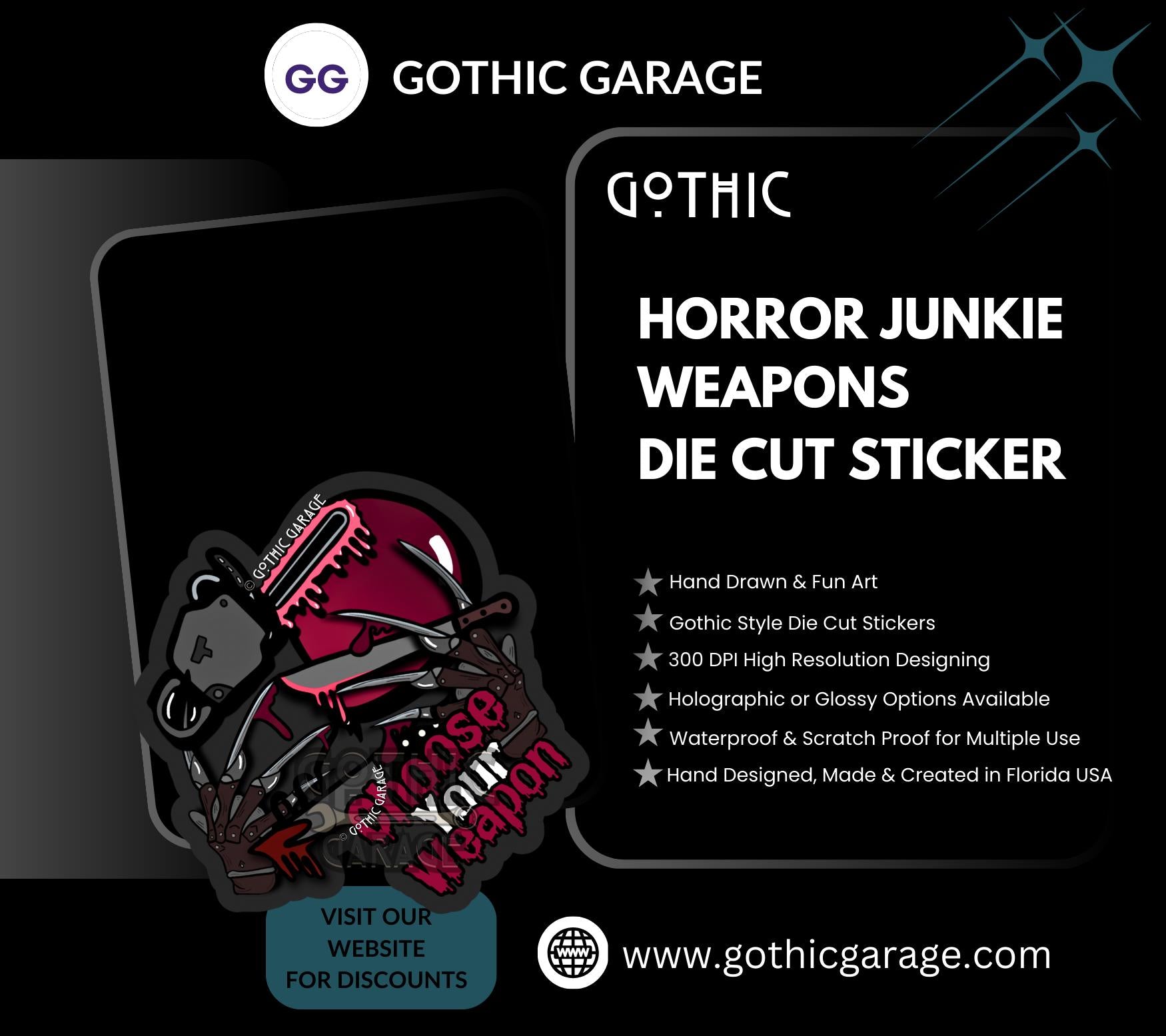 Horror Junkie Weapons, Waterproof Die Cut Sticker, Choose Between Glossy or Holographic, Perfect to Add Retro & Vintage Fun to any Surface