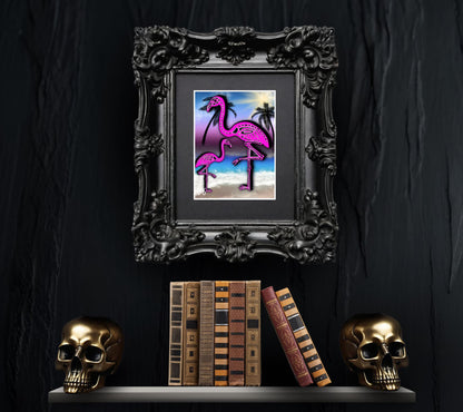 Flamingo Skeletons Art Print – Dark Gothic Ocean Vibes, Spooky Coastal Art, 11x14 Matted or Frameable 8x10 Design