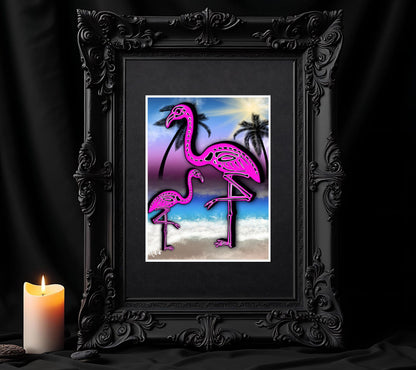 Flamingo Skeletons Art Print – Dark Gothic Ocean Vibes, Spooky Coastal Art, 11x14 Matted or Frameable 8x10 Design