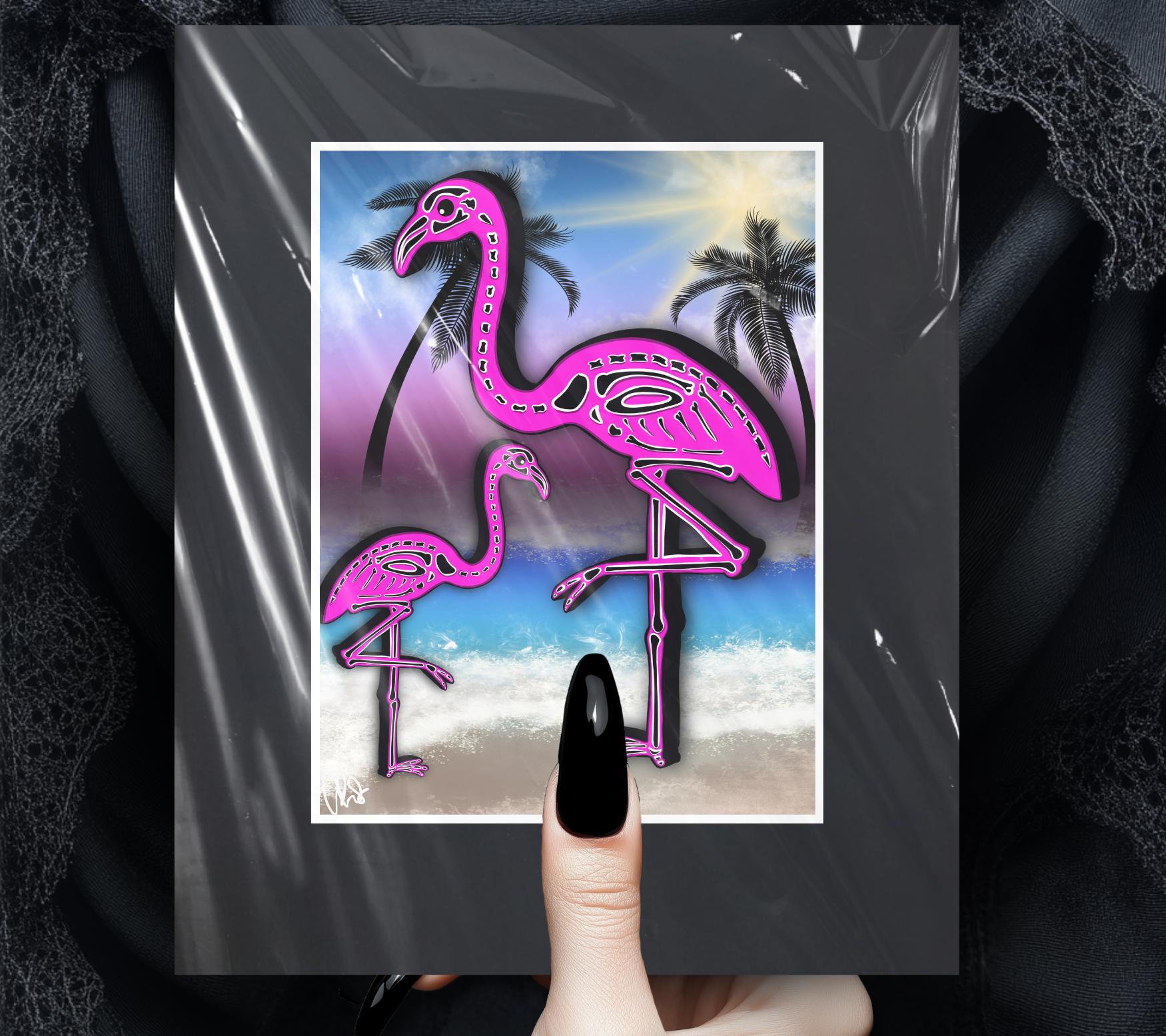 Flamingo Skeletons Art Print – Dark Gothic Ocean Vibes, Spooky Coastal Art, 11x14 Matted or Frameable 8x10 Design