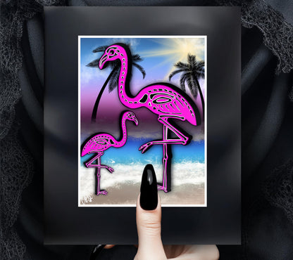 Flamingo Skeletons Art Print – Dark Gothic Ocean Vibes, Spooky Coastal Art, 11x14 Matted or Frameable 8x10 Design