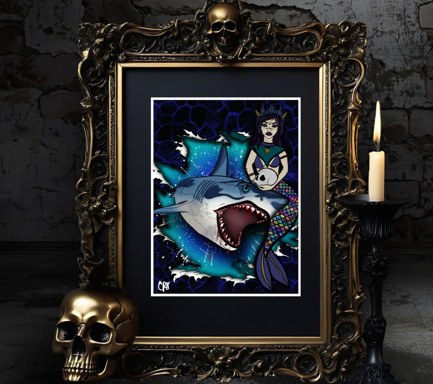 Shark & Siren Art Print – Dark Gothic Ocean Horror, Spooky Coastal Art, 11x14 Matted or Frameable 8x10 Design