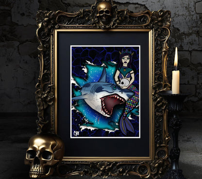 Shark & Siren Art Print – Dark Gothic Ocean Horror, Spooky Coastal Art, 11x14 Matted or Frameable 8x10 Design