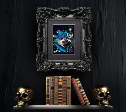 Shark & Siren Art Print – Dark Gothic Ocean Horror, Spooky Coastal Art, 11x14 Matted or Frameable 8x10 Design