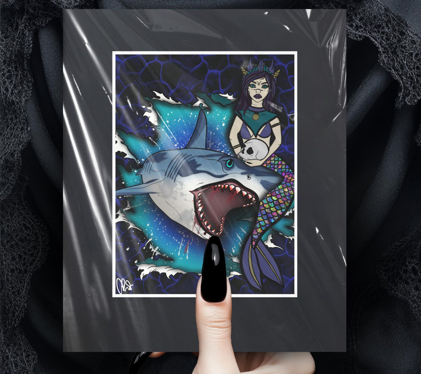 Shark & Siren Art Print – Dark Gothic Ocean Horror, Spooky Coastal Art, 11x14 Matted or Frameable 8x10 Design