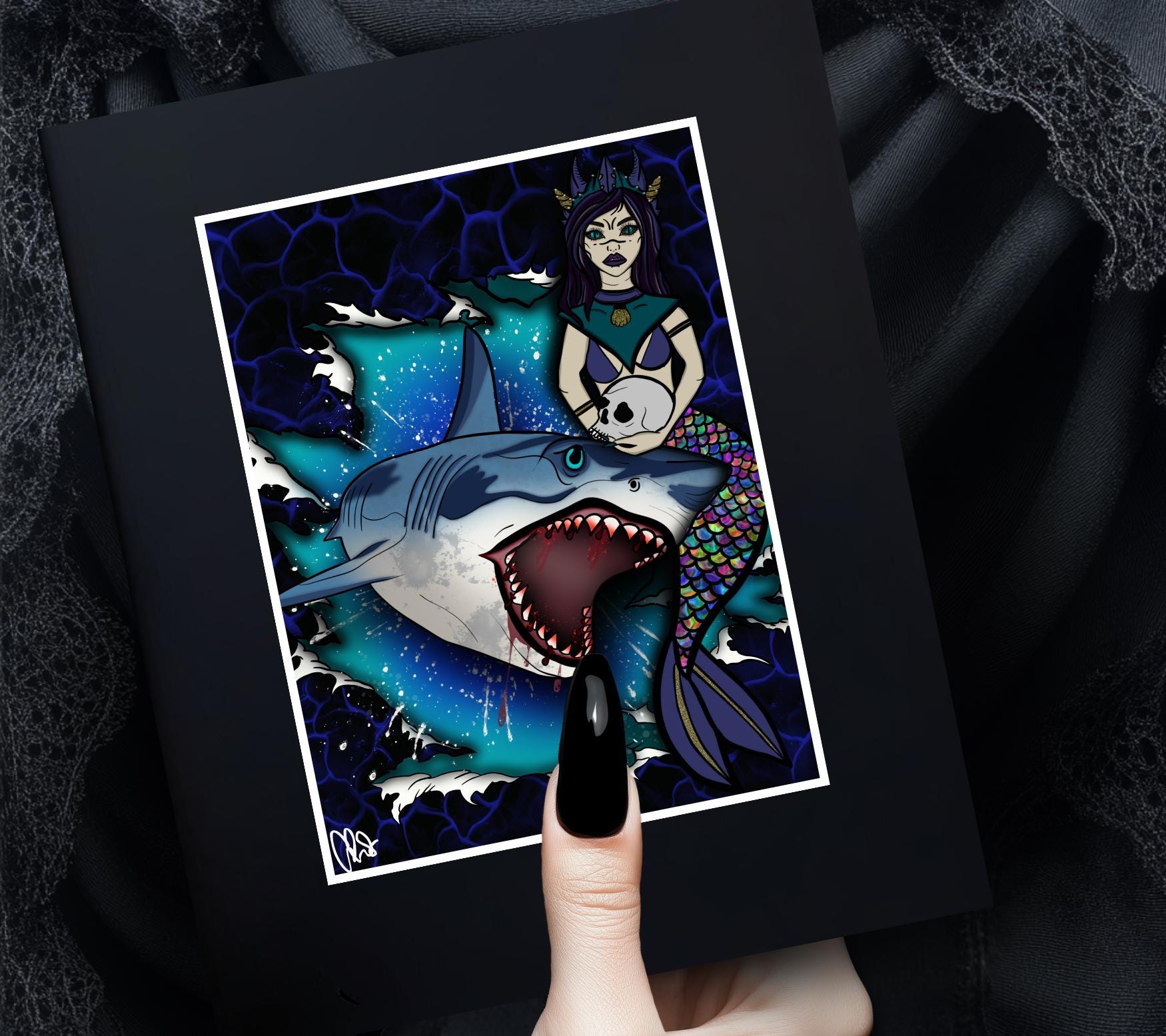 Shark & Siren Art Print – Dark Gothic Ocean Horror, Spooky Coastal Art, 11x14 Matted or Frameable 8x10 Design