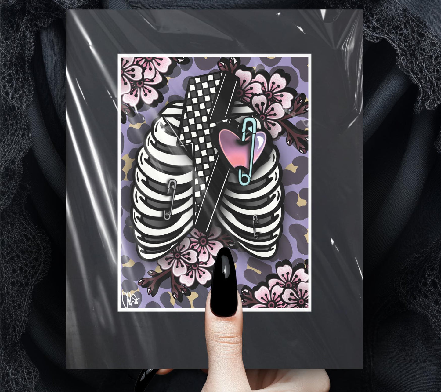 Punk Skeleton Rib Cage & Cherry Blossoms- 11x14 Matted Art Print, Gothic and Alternative Wall Decor