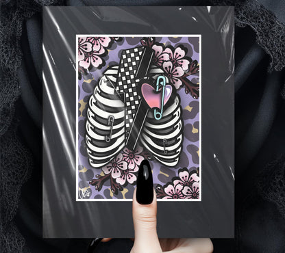 Punk Skeleton Rib Cage & Cherry Blossoms- 11x14 Matted Art Print, Gothic and Alternative Wall Decor