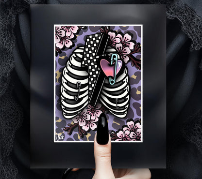 Punk Skeleton Rib Cage & Cherry Blossoms- 11x14 Matted Art Print, Gothic and Alternative Wall Decor