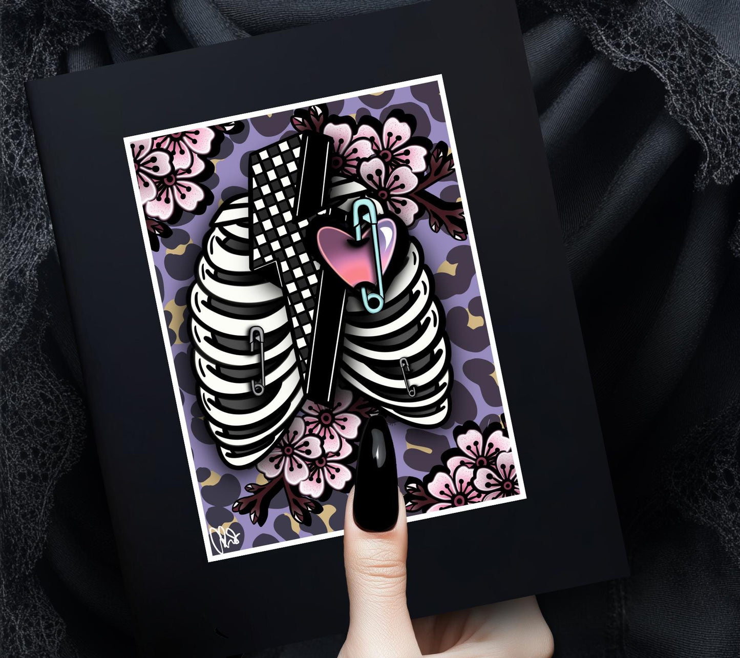 Punk Skeleton Rib Cage & Cherry Blossoms- 11x14 Matted Art Print, Gothic and Alternative Wall Decor