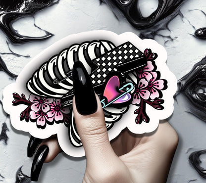 Punk Skeleton Rib Cage & Cherry Blossoms, Waterproof Die Cut Sticker, Choose Between Glossy or Holographic