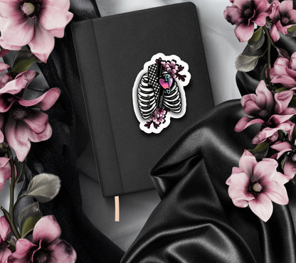 Punk Skeleton Rib Cage & Cherry Blossoms, Waterproof Die Cut Sticker, Choose Between Glossy or Holographic