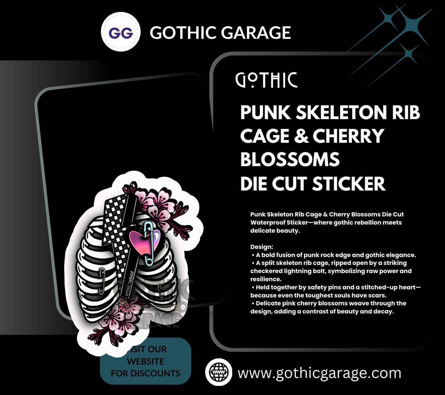 Punk Skeleton Rib Cage & Cherry Blossoms, Waterproof Die Cut Sticker, Choose Between Glossy or Holographic