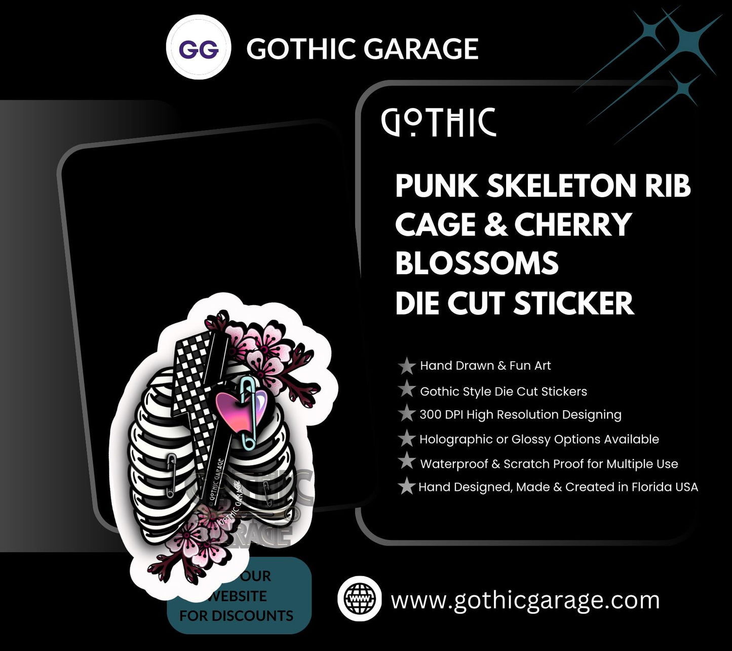 Punk Skeleton Rib Cage & Cherry Blossoms, Waterproof Die Cut Sticker, Choose Between Glossy or Holographic