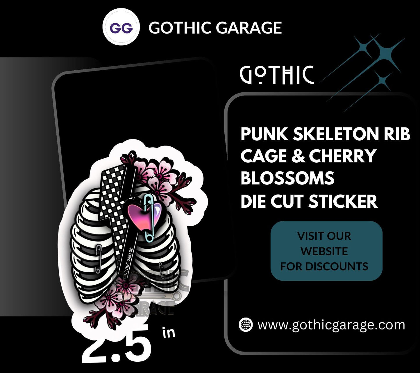 Punk Skeleton Rib Cage & Cherry Blossoms, Waterproof Die Cut Sticker, Choose Between Glossy or Holographic