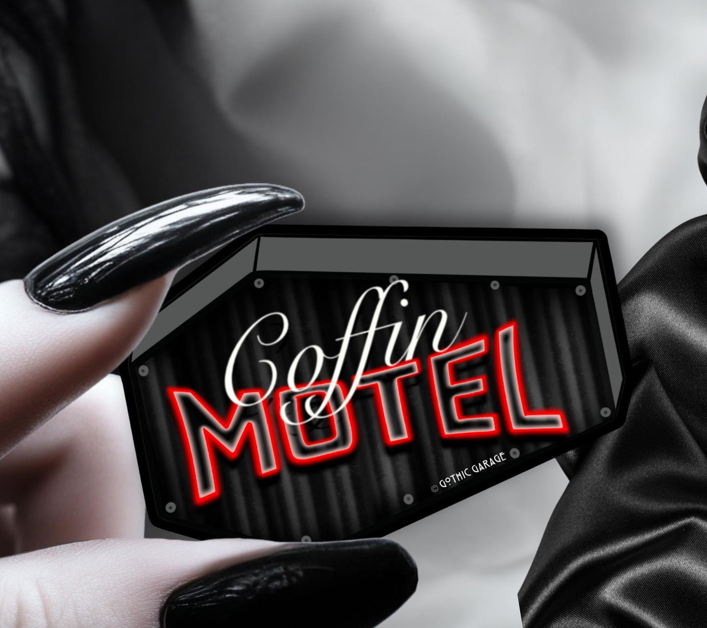 Neon Red Coffin Motel, Waterproof Die Cut Sticker, Choose Between Glossy or Holographic, Perfect to Add Scariness to any Surface