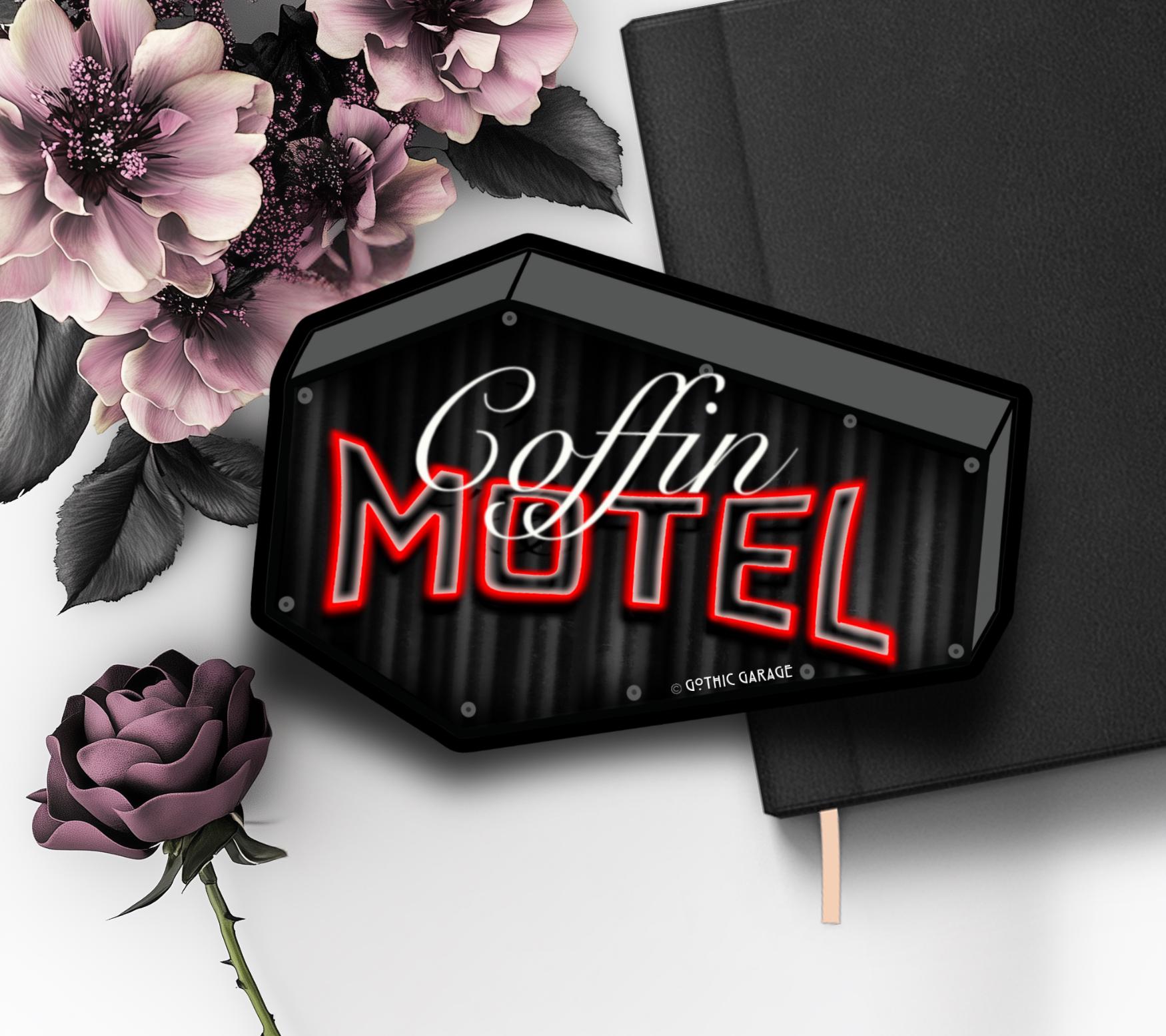 Neon Red Coffin Motel, Waterproof Die Cut Sticker, Choose Between Glossy or Holographic, Perfect to Add Scariness to any Surface