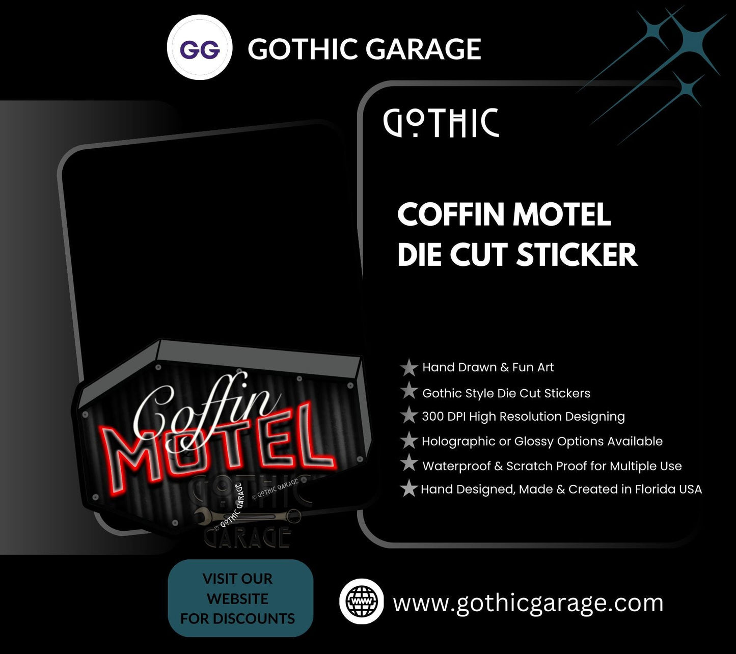 Neon Red Coffin Motel, Waterproof Die Cut Sticker, Choose Between Glossy or Holographic, Perfect to Add Scariness to any Surface