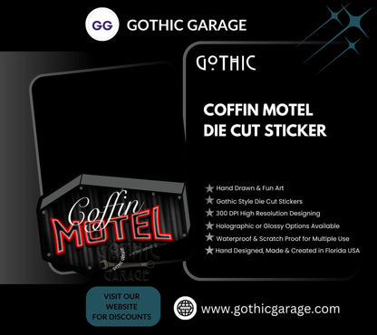 Neon Red Coffin Motel, Waterproof Die Cut Sticker, Choose Between Glossy or Holographic, Perfect to Add Scariness to any Surface