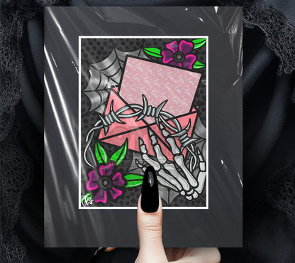 Barb Wire Love Letter Gothic Art Print – Skeleton Hand, Dark Flowers & Spider Webs, 11x14 Matted Valentine’s Day Wall Decor