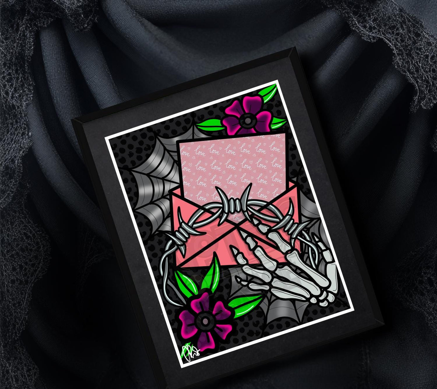 Barb Wire Love Letter Gothic Art Print – Skeleton Hand, Dark Flowers & Spider Webs, 11x14 Matted Valentine’s Day Wall Decor