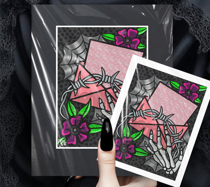Barb Wire Love Letter Gothic Art Print – Skeleton Hand, Dark Flowers & Spider Webs, 11x14 Matted Valentine’s Day Wall Decor