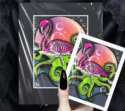 Sunset Flamingo Skeleton Octopus Art Print – Dark Gothic Ocean Vibes with a Surreal Twist, 11x14 Matted or Frameable 8x10 Design