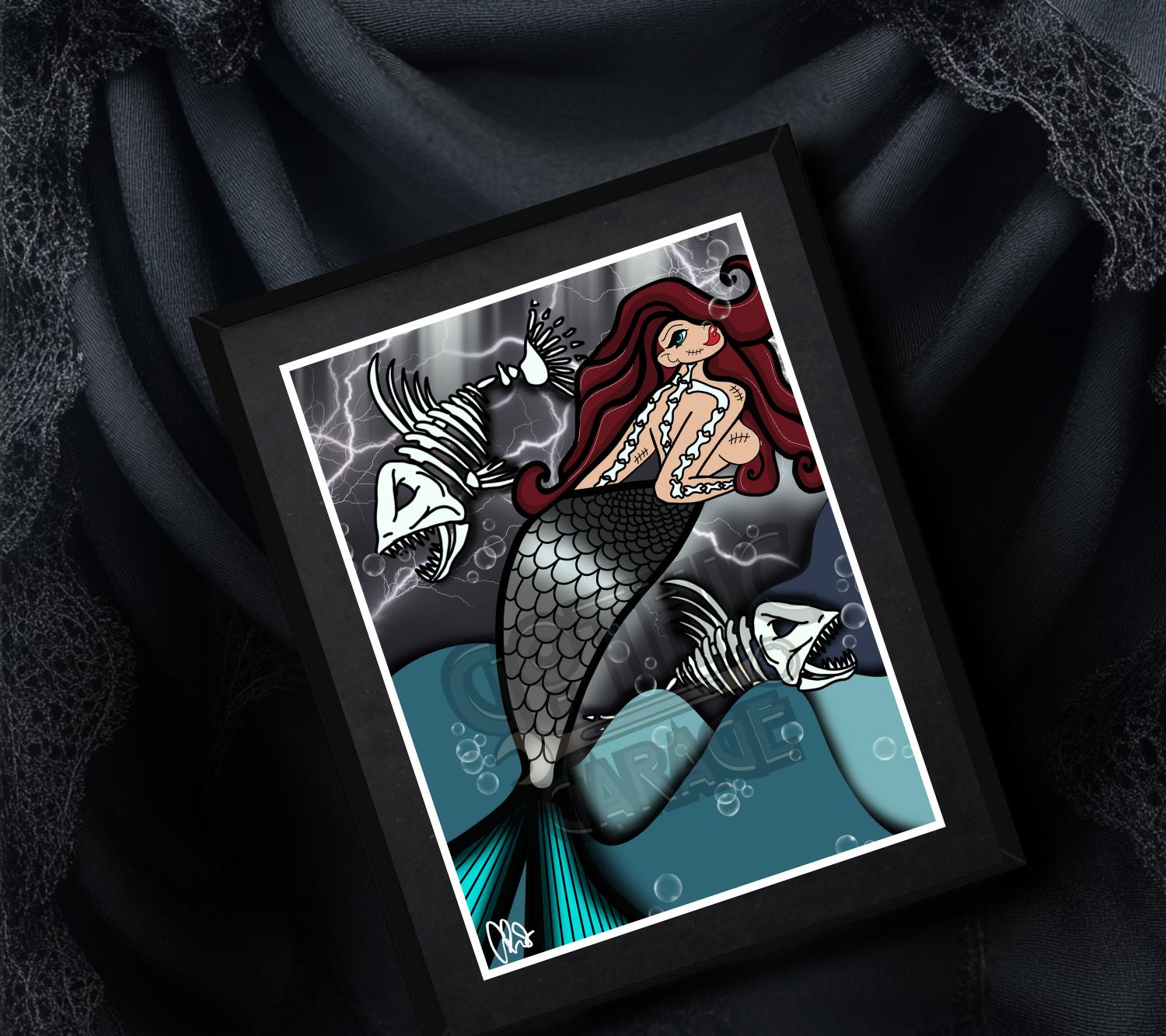 Skeleton Mermaid & Dead Sea Gothic Art Print – Haunting Red-Haired Siren with Dead Fish in Dark Ocean, 11x14 Matted Unique Decor