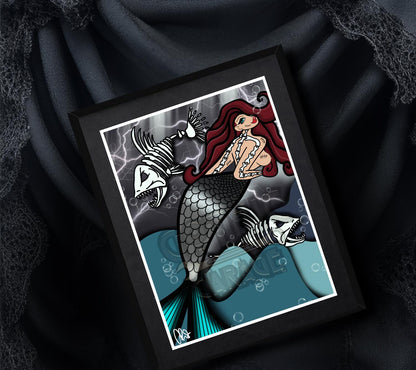 Skeleton Mermaid & Dead Sea Gothic Art Print – Haunting Red-Haired Siren with Dead Fish in Dark Ocean, 11x14 Matted Unique Decor