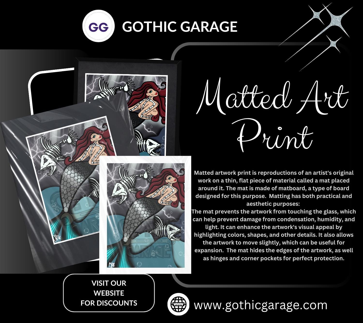 Skeleton Mermaid & Dead Sea Gothic Art Print – Haunting Red-Haired Siren with Dead Fish in Dark Ocean, 11x14 Matted Unique Decor