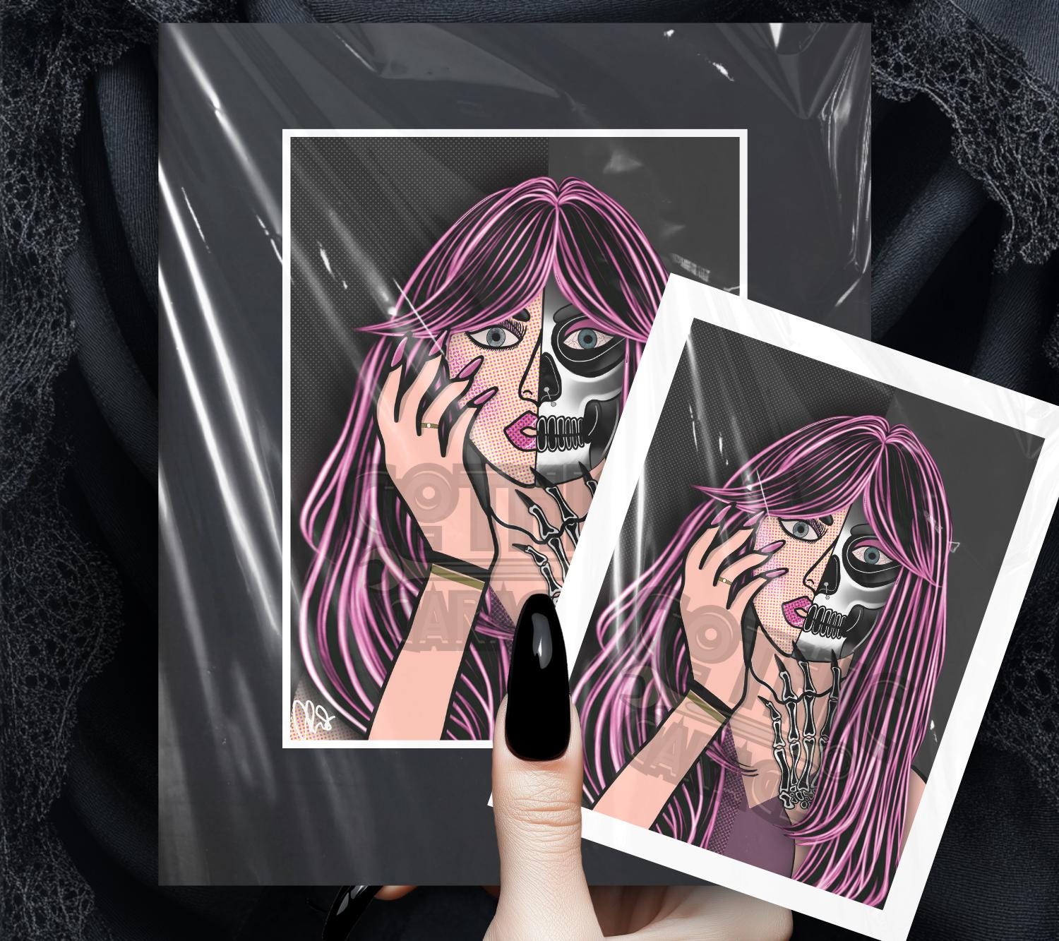 Pop Art Femme Fatale – Two-Faced Gothic Beauty & Skeleton Print, 11x14 Matted Goth and Beach Decor