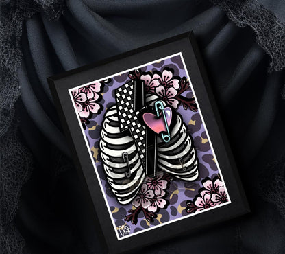 Punk Skeleton Rib Cage & Cherry Blossoms- 11x14 Matted Art Print, Gothic and Alternative Wall Decor