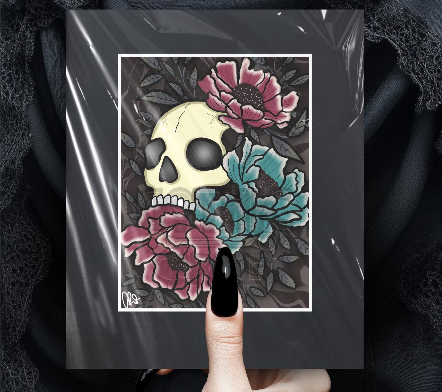 Vintage Floral Skull Matted Art Print – Gothic Elegance Meets Timeless Beauty – 11x14 Matted Goth & Dark Wall Decor