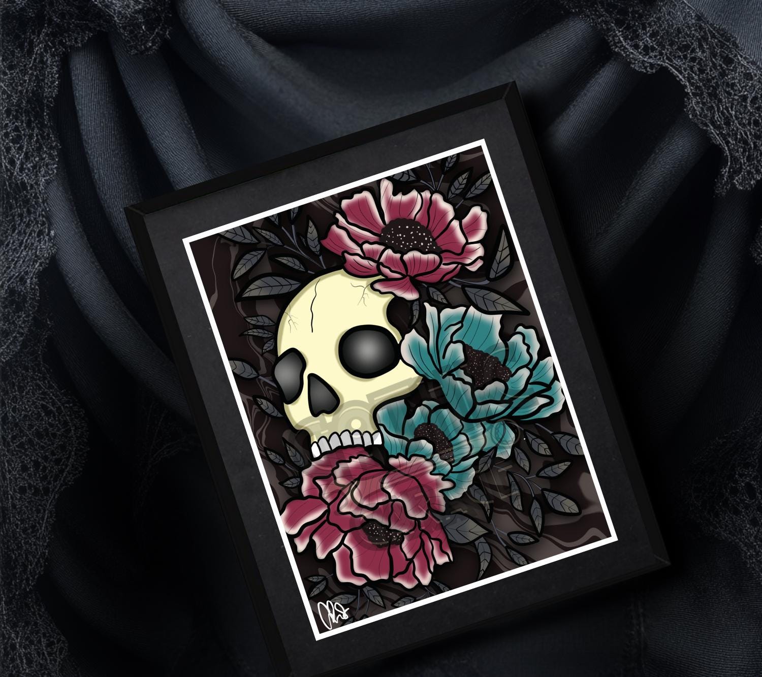 Vintage Floral Skull Matted Art Print – Gothic Elegance Meets Timeless Beauty – 11x14 Matted Goth & Dark Wall Decor