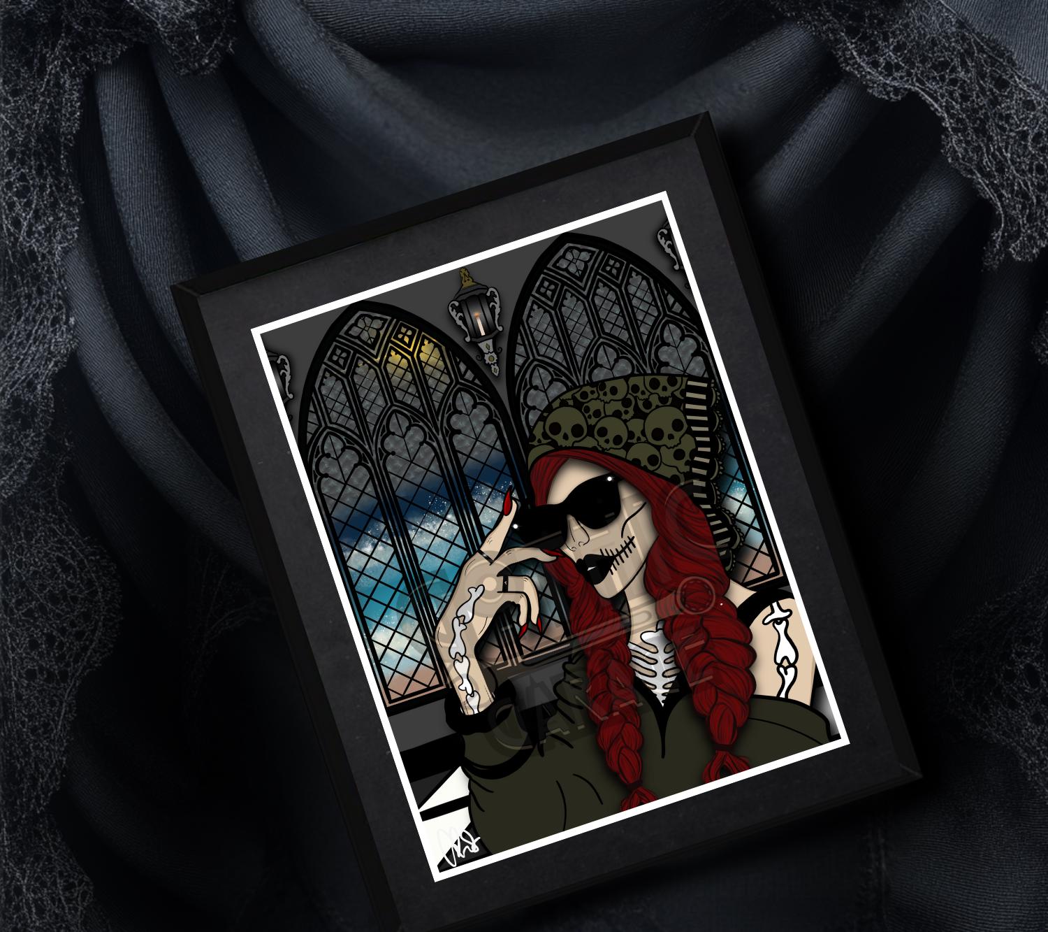 Gothic Church Skeleton Woman Matted Art Print – Hauntingly Beautiful & Mysterious – 11x14 Goth and Dark Macabre Wall Decor