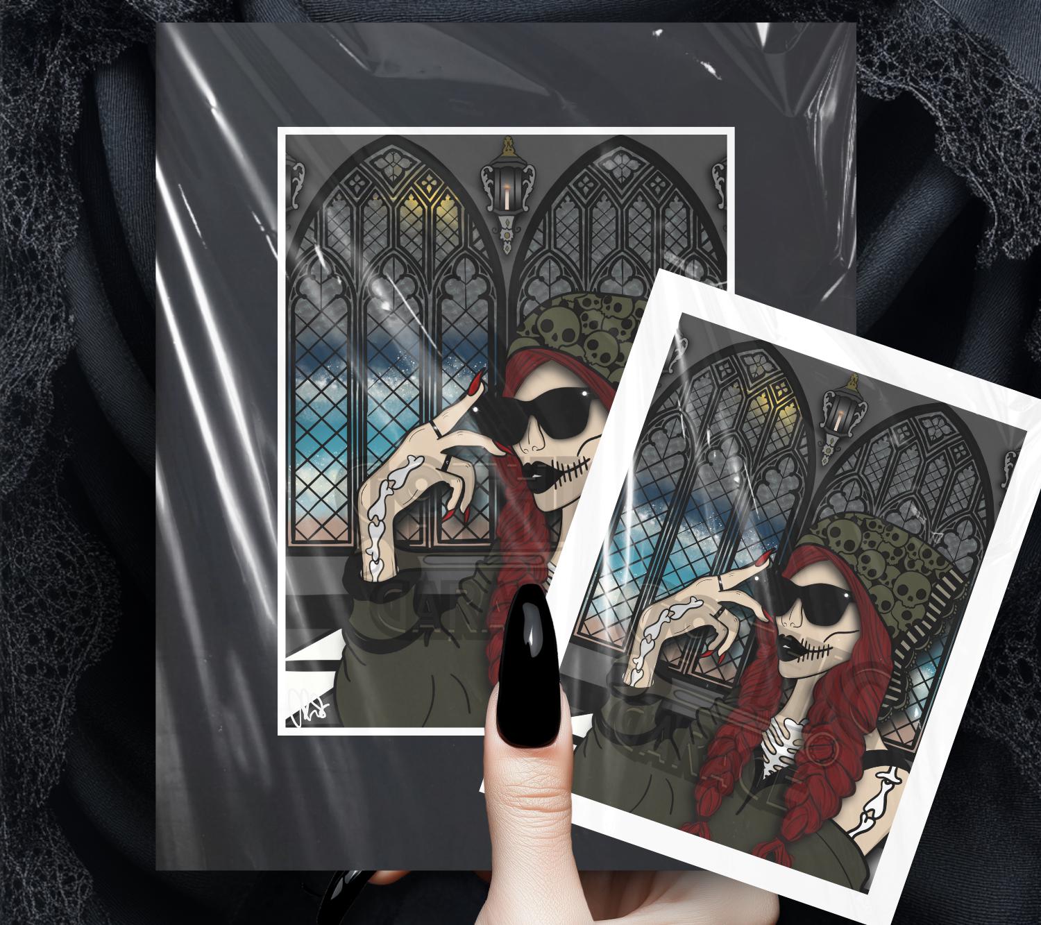 Gothic Church Skeleton Woman Matted Art Print – Hauntingly Beautiful & Mysterious – 11x14 Goth and Dark Macabre Wall Decor