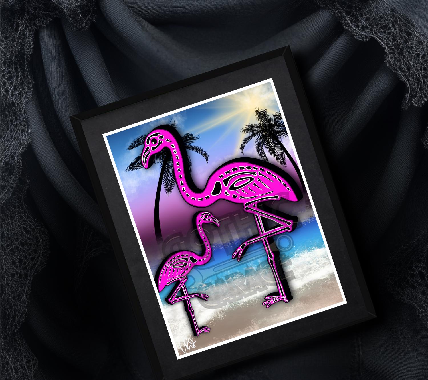 Flamingo Skeletons Art Print – Dark Gothic Ocean Vibes, Spooky Coastal Art, 11x14 Matted or Frameable 8x10 Design