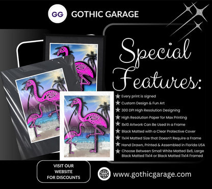 Flamingo Skeletons Art Print – Dark Gothic Ocean Vibes, Spooky Coastal Art, 11x14 Matted or Frameable 8x10 Design
