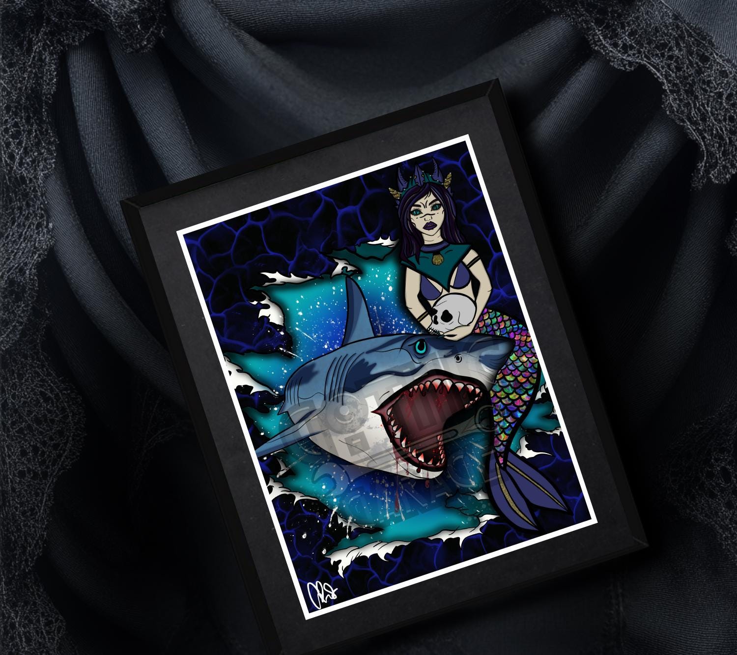 Shark & Siren Art Print – Dark Gothic Ocean Horror, Spooky Coastal Art, 11x14 Matted or Frameable 8x10 Design
