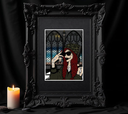 Gothic Church Skeleton Woman Matted Art Print – Hauntingly Beautiful & Mysterious – 11x14 Goth and Dark Macabre Wall Decor