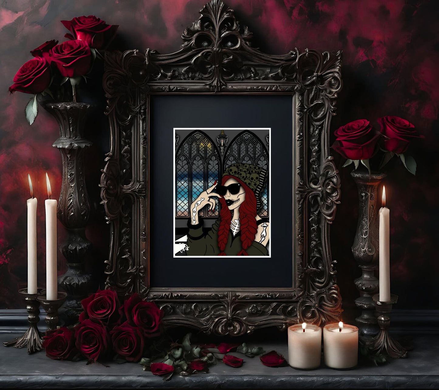 Gothic Church Skeleton Woman Matted Art Print – Hauntingly Beautiful & Mysterious – 11x14 Goth and Dark Macabre Wall Decor