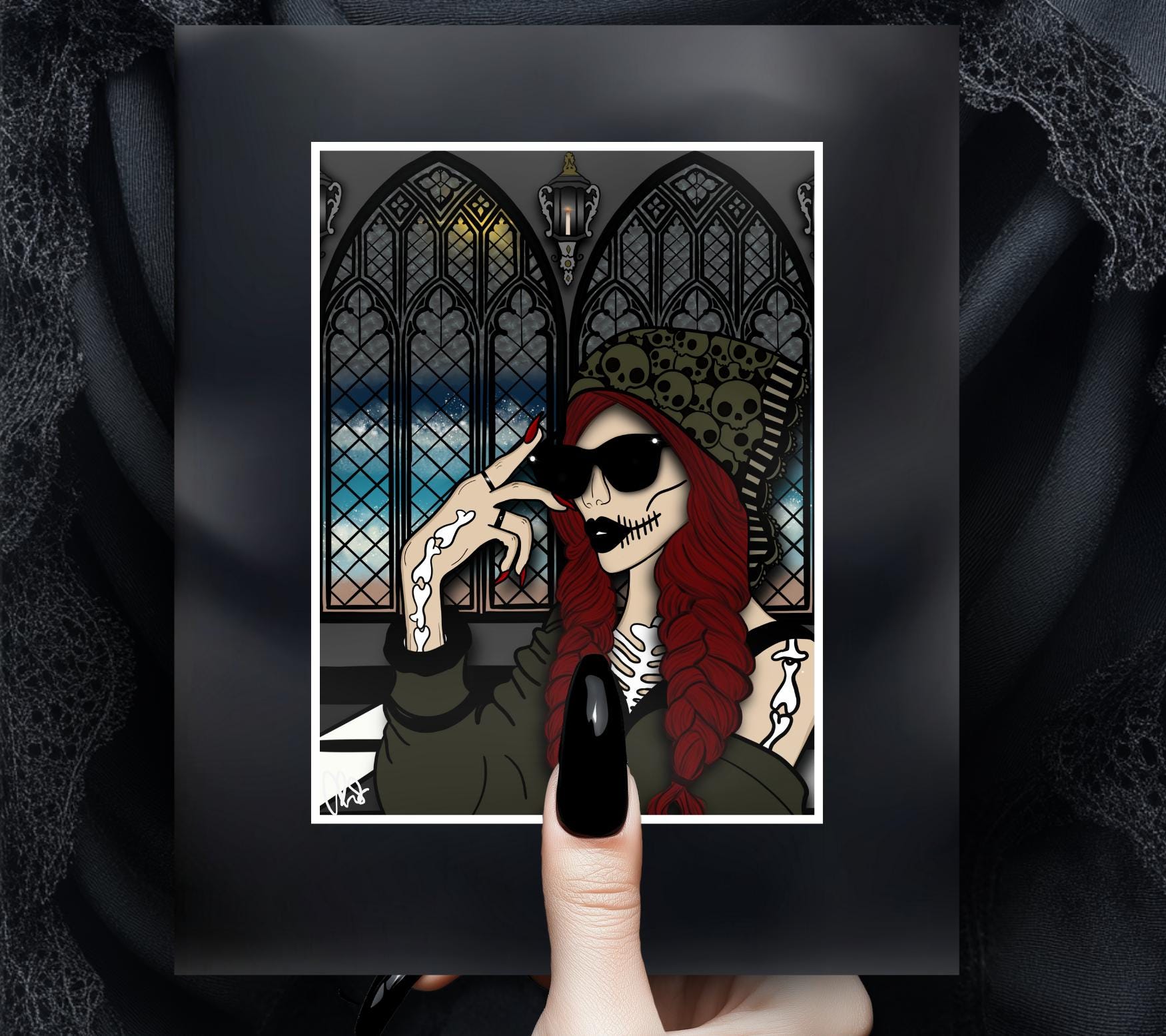 Gothic Church Skeleton Woman Matted Art Print – Hauntingly Beautiful & Mysterious – 11x14 Goth and Dark Macabre Wall Decor