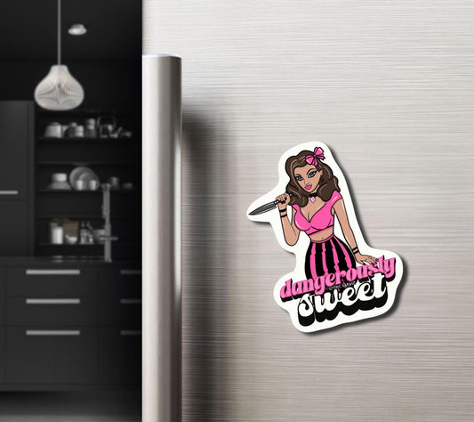 Dangerously Sweet Fridge Magnet – Retro Killer Female Pin-Up with Dark Alternative Vibes, Perfect to Add Sugar & Spice to Any Kitchen