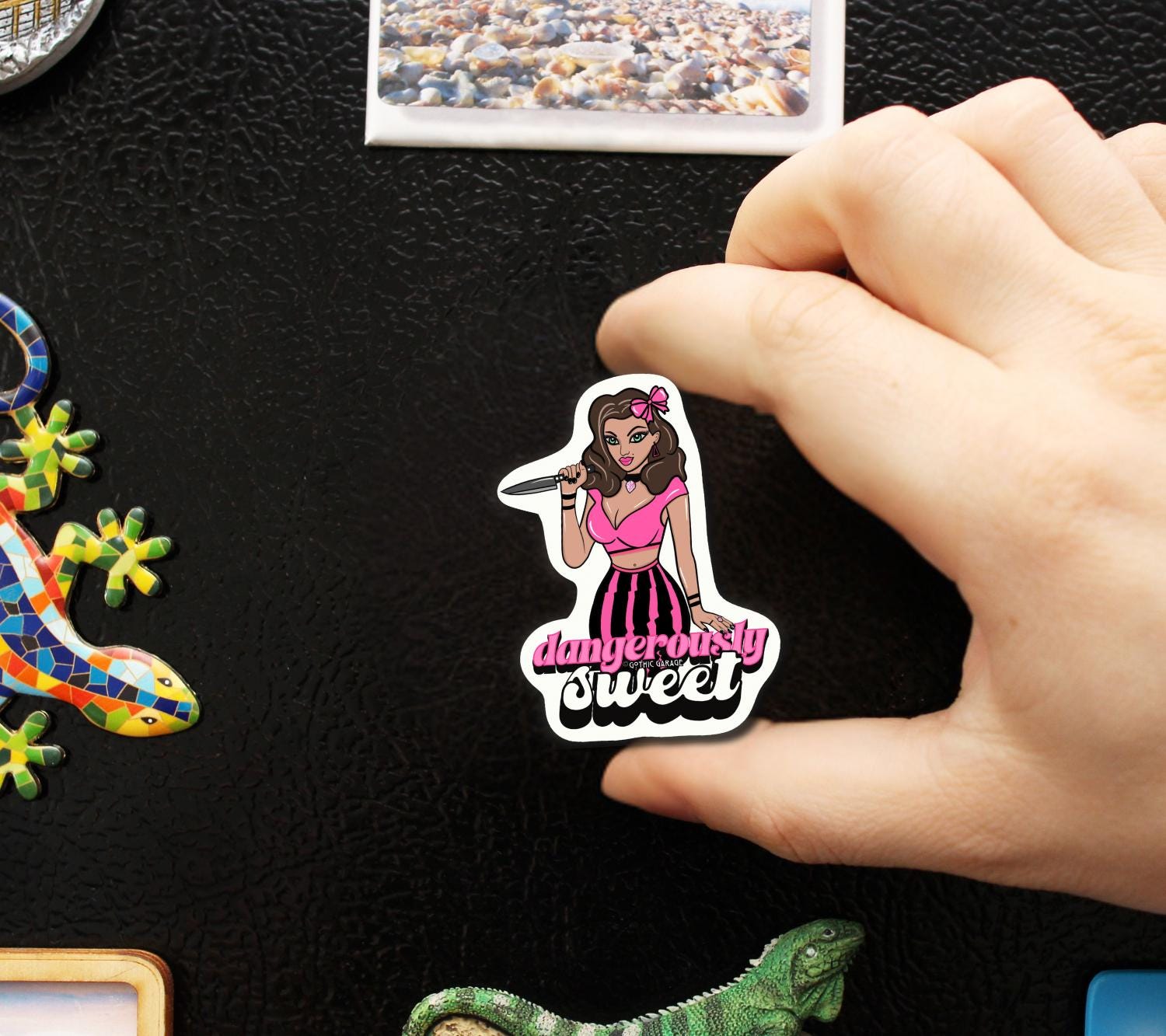 Dangerously Sweet Fridge Magnet – Retro Killer Female Pin-Up with Dark Alternative Vibes, Perfect to Add Sugar & Spice to Any Kitchen