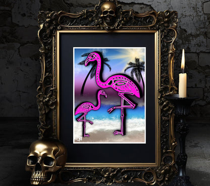 Flamingo Skeletons Art Print – Dark Gothic Ocean Vibes, Spooky Coastal Art, 11x14 Matted or Frameable 8x10 Design